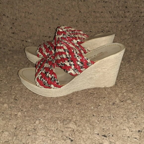 CERUTTI-Italy-Red Patent/Snakeskin Pattern Woven Leather Wedge-Sz 37-Excellent - Picture 2 of 7